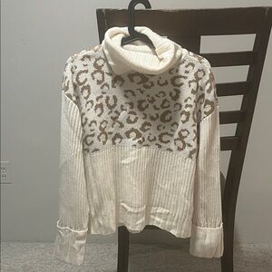 Nine West Cream and Brown Leopard Cowl Neck Sweater